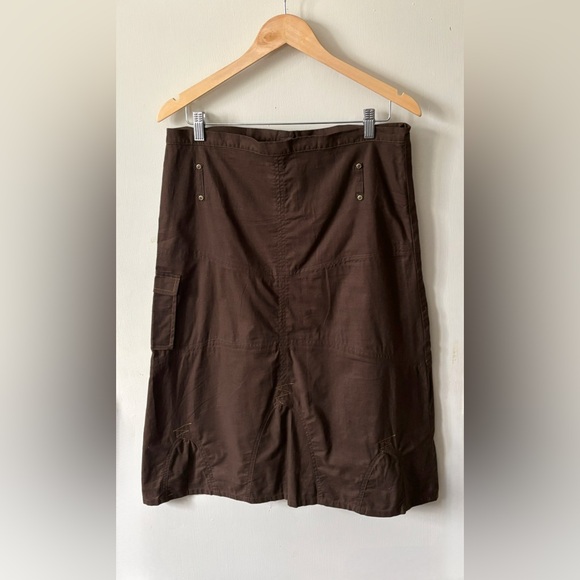 Y2K‎ 90s Vintage Brown Cotton Utility Tech Cargo A-Line Midi Length Skirt - Picture 5 of 12